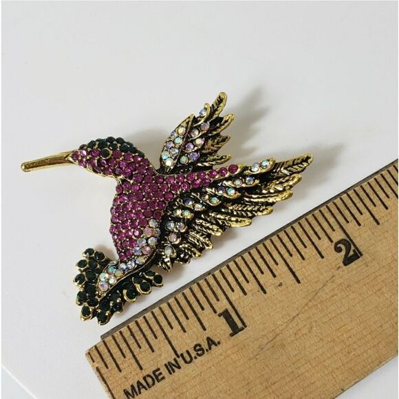 Fushia Pink HUMMINGBIRD Crystal Embellished Brooch Pin - Picture 6 of 6